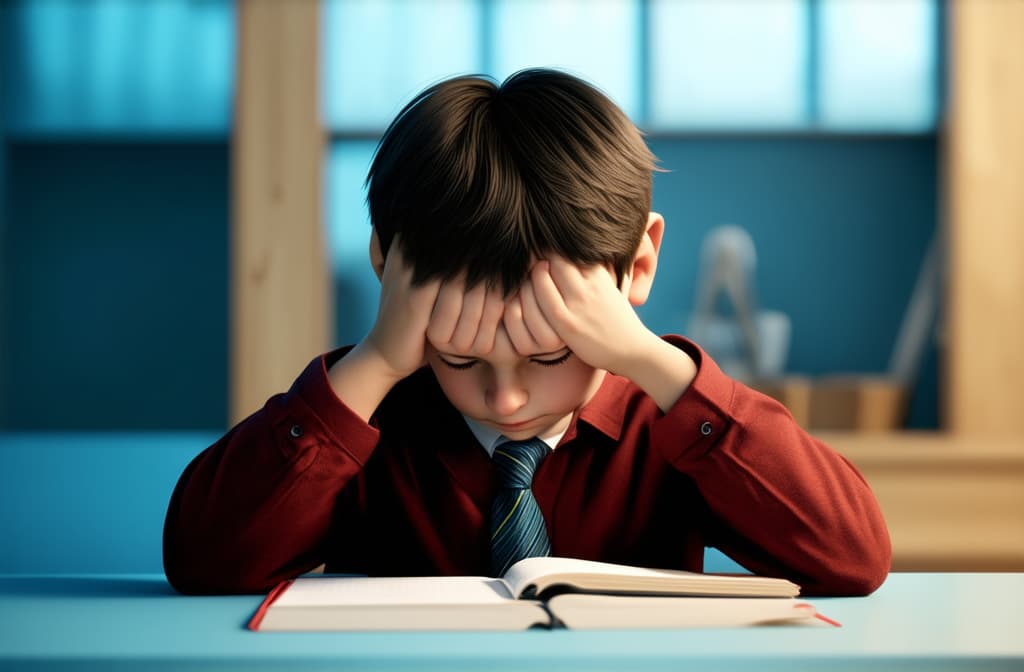  epic realistic, hyperdetailed, (cycles render:1.3), caustics, (glossy:0.58), (artstation:0.82),a primary school child sits at a table in front of a notebook and holds his head, tired of studying ar 3:2