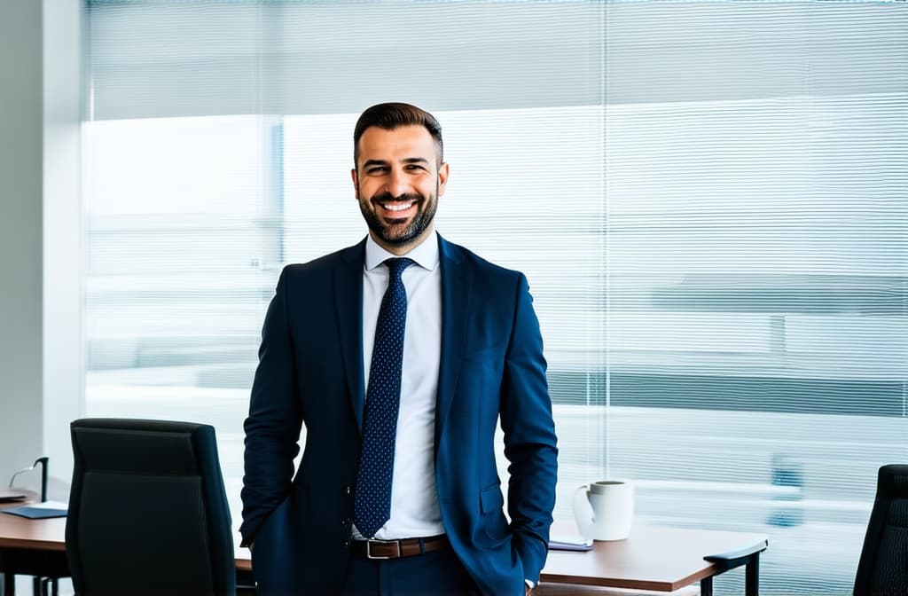  professional detailed photography, portrait of business man standing in open plan office. minimalism style. happy male professional executive manager, financial banking or marketing data. ar 3:2, (muted colors, dim colors, soothing tones), (vsco:0.3)