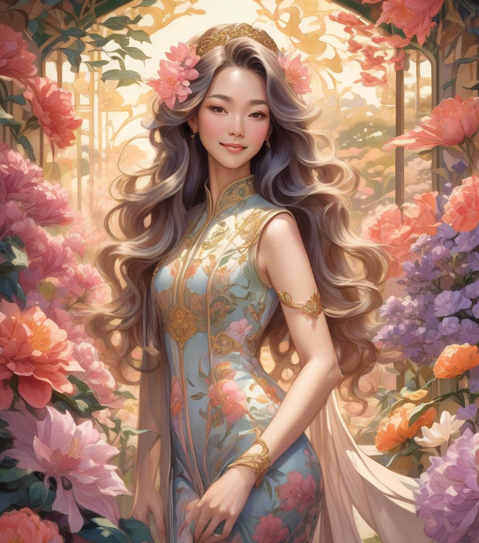  oriental woman sporting a subtle smile amidst an opulent flower garden, imperial hues enveloping the art nouveau inspired floral backdrop, crowned regally, radiant backlighting highlighting her flowing hair, radiant, mythical allure transcending existence, watercolor aesthetic, greg rutkowski's touch, trending on artstation, razor sharp focus, studio setting, elaborate intricacies, volumetric