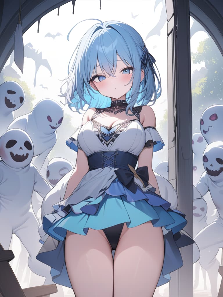  halloween, zombies, light blue, light blue hair, bob hair, ghosts, masterpiece, best quality,8k,ultra detailed,high resolution,an extremely delicate and beautiful,hyper detail