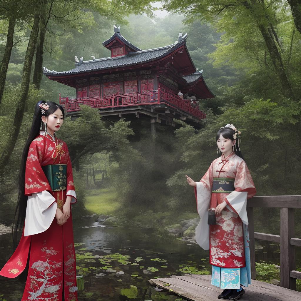  Masterpiece, best quality, a pair of majestic birds, one dressed in traditional Chinese Miao costume and the other in modern reinterpreted costume, stand on a rustic wooden fence. The contrast between complex traditional embroidery and contemporary design creates a visually striking image. The background is lush green forest, adding a natural beauty to the composition. Vintage style, slightly faded look, enhances the timeless quality of the scene. Implementation: Fujifilm Pro 400H.