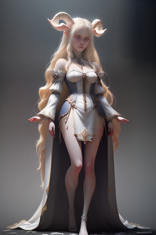  the girl, standing in full height, her skin red, blue eyes, dressed in white priestly clothes, long hair, blonde, lamb horns on her head, instead of the feet of goat hooves, (extremely detailed oil painting:1.2), glow effects, godrays, hand drawn, render, 8k, octane render, cinema 4d, blender, dark, atmospheric 4k ultra detailed, cinematic sensual, sharp focus, humorous illustration, big depth of field, masterpiece, colors, 3d octane render, 4k, concept art, trending on artstation, hyperrealistic, vivid colors, extremely detailed cg unity 8k wallpaper, trending on artstation, trending on cgsociety, intricate, high detail, dramatic