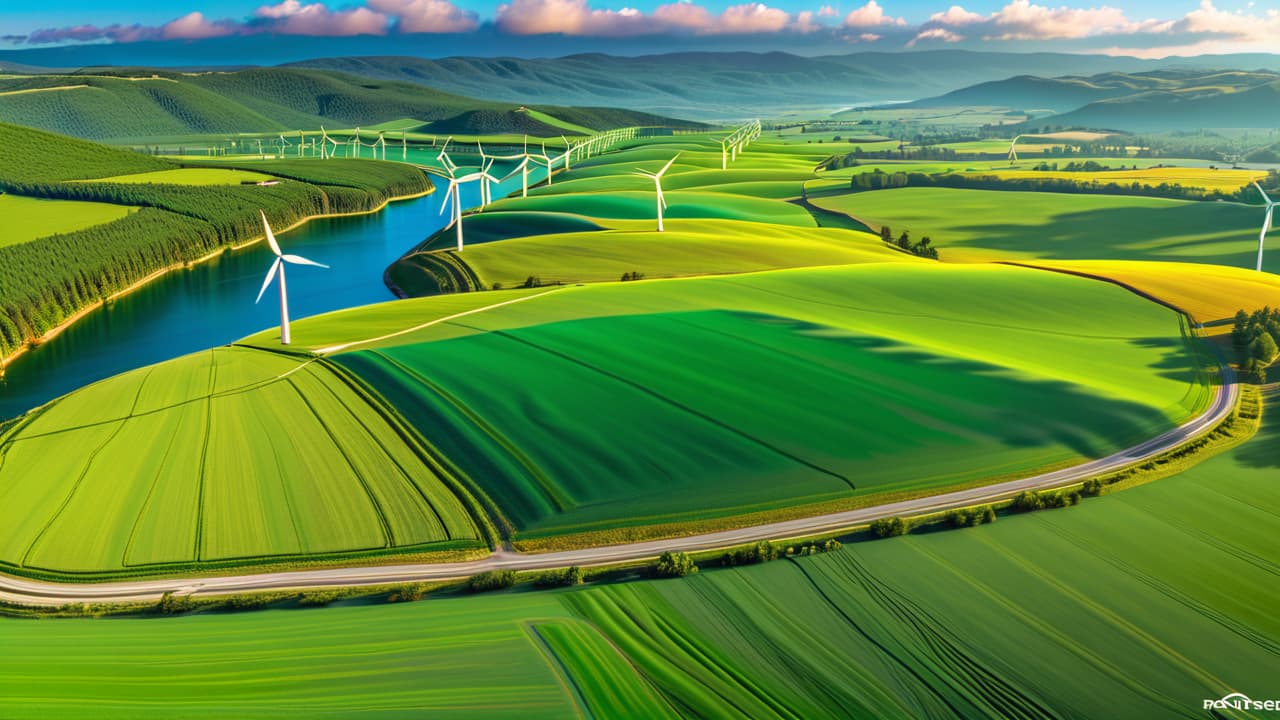  a vibrant landscape depicting a wind farm with spinning turbines on rolling green hills, solar panels glistening under a bright sun, and a flowing river with a hydroelectric dam in the background. hyperrealistic, full body, detailed clothing, highly detailed, cinematic lighting, stunningly beautiful, intricate, sharp focus, f/1. 8, 85mm, (centered image composition), (professionally color graded), ((bright soft diffused light)), volumetric fog, trending on instagram, trending on tumblr, HDR 4K, 8K