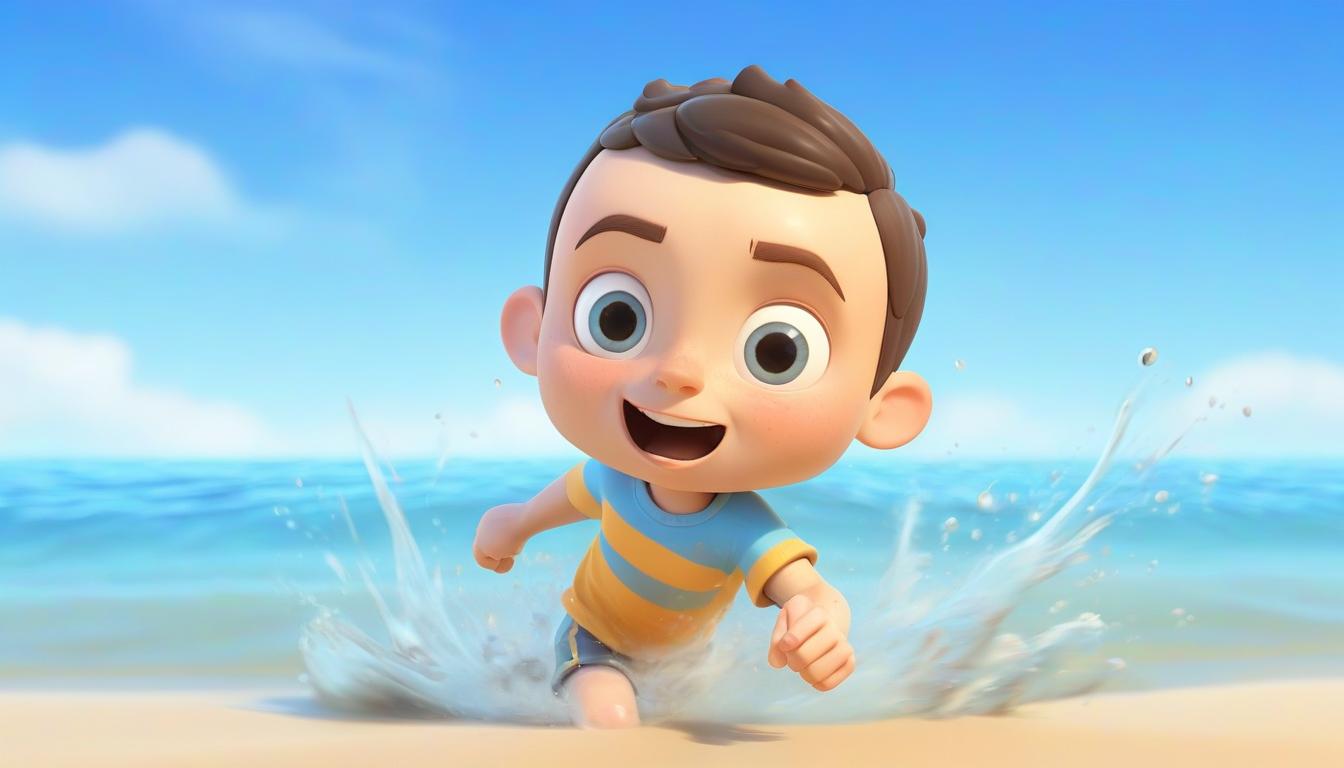  3d rendering of a running boy from character's water on the beach