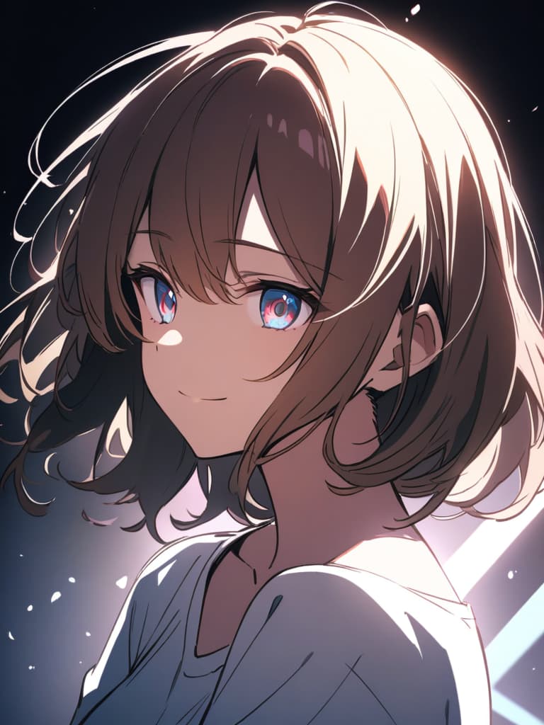  a beautiful brown haired girl,smile,long messy hair,ultra detailed,best shadow,beautiful detailed deep rainbow eyes,cute and beautiful face,shy smile,white shirt,upper body view,colorful,(masterpiece:1.2),(best quality:1.2),detailed background,high contrast,(best illumination,an extremely delicate and beautiful),((cinematic light)),hyper detail,dramatic light,intricate details,8k,anime,very aesthetic