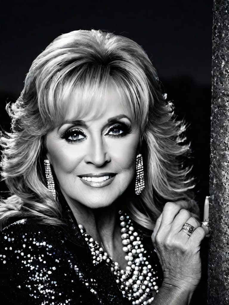  Country singer Barbara Mandrell, medium shot, upper body, spotlight, long exposure lighting, street art style spray paint, glamour lighting