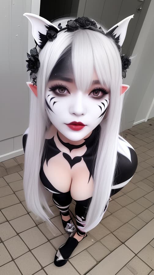  White and Blark bat pattern body paint in every corner of the body, Black body paint all over the body, Grey face paint on the face, Two dark elfs, full body image 女性