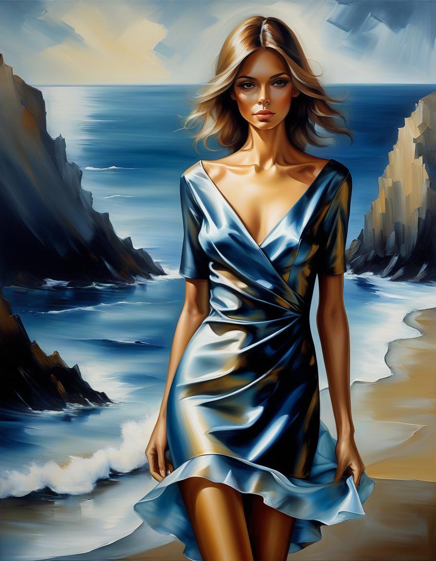  oil painting, oil girl in an oil revealing silk mini dress with a neckline, the background of the sea shore is painted with acrylic, darkening with ink, simple, clean, uncluttered, modern, elegant