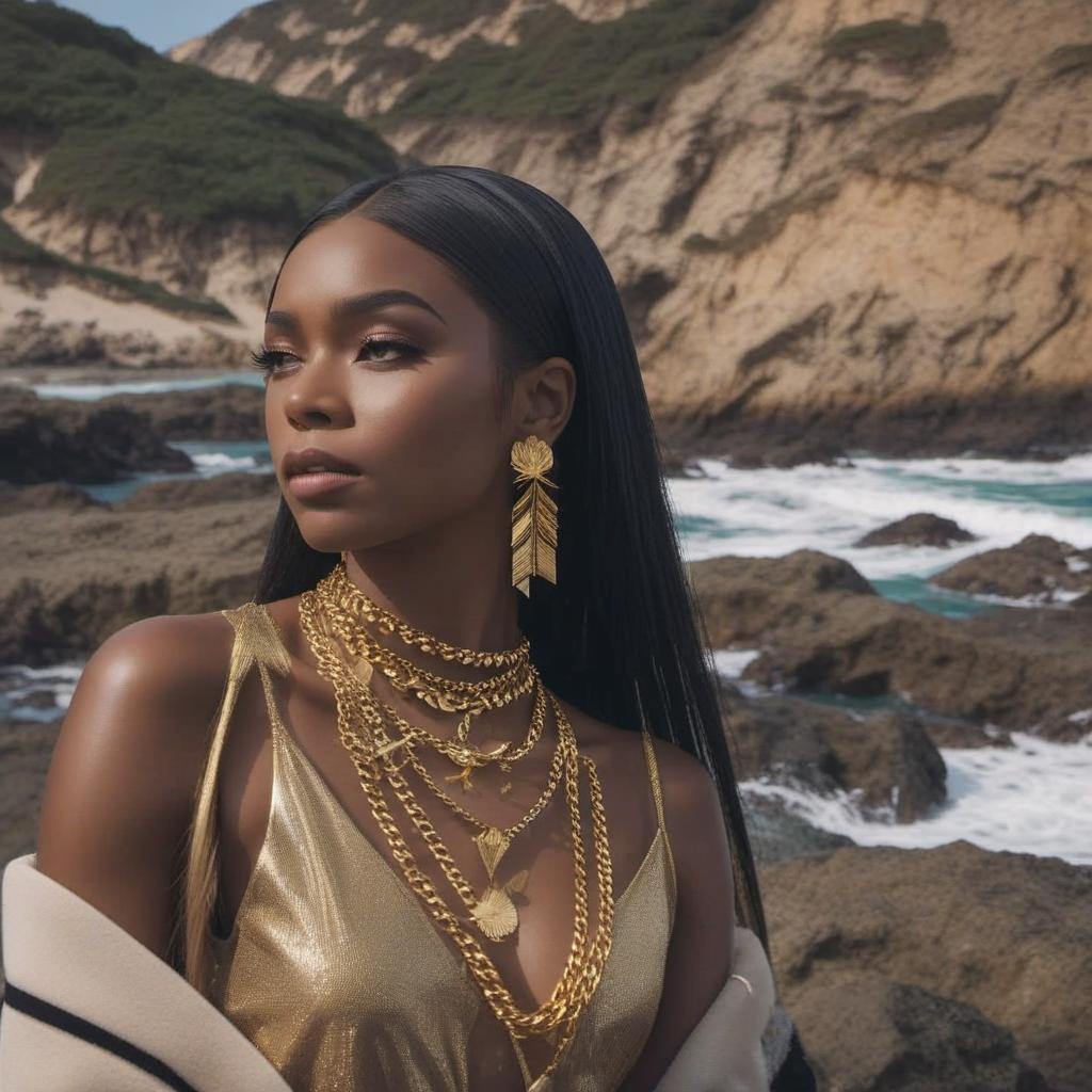  dark skin black woman with straight black hair and a blonde streak wearing gold jewelry by an ocean, mystical style