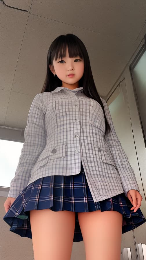  Junior high girl wearing mini-, angle from below, showing.