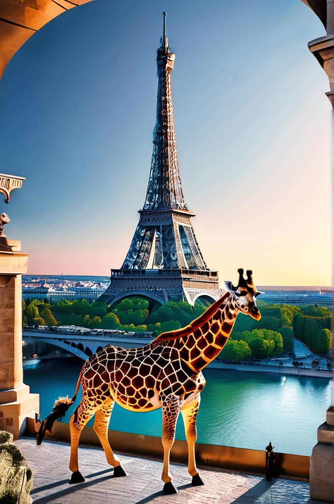  giraffe is standing infront of eiffel tower, 4k