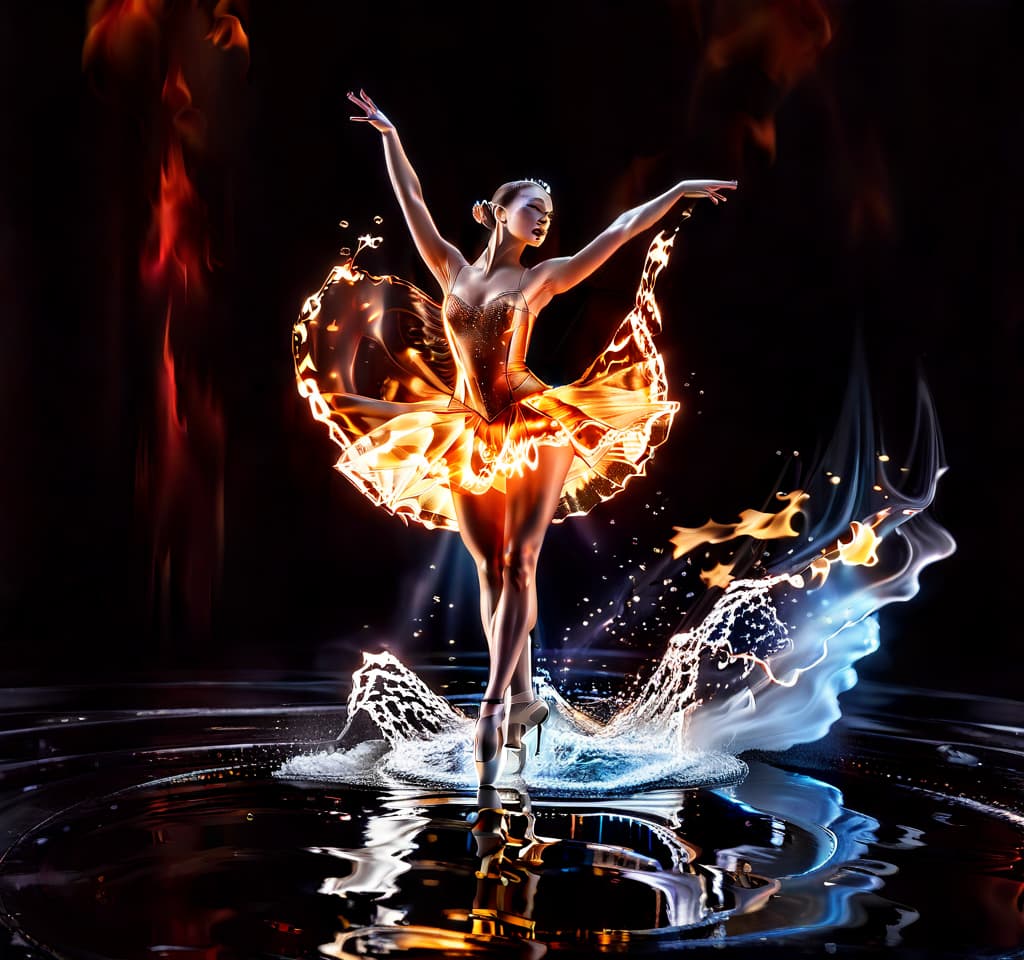  hdr photo of a crystal ballerina dances the grand batman among the flames of liquid glass. the right leg is half bent, raised high up and stretched back. . high dynamic range, vivid, rich details, clear shadows and highlights, realistic, intense, enhanced contrast, highly detailed, hkmagic, glowneon