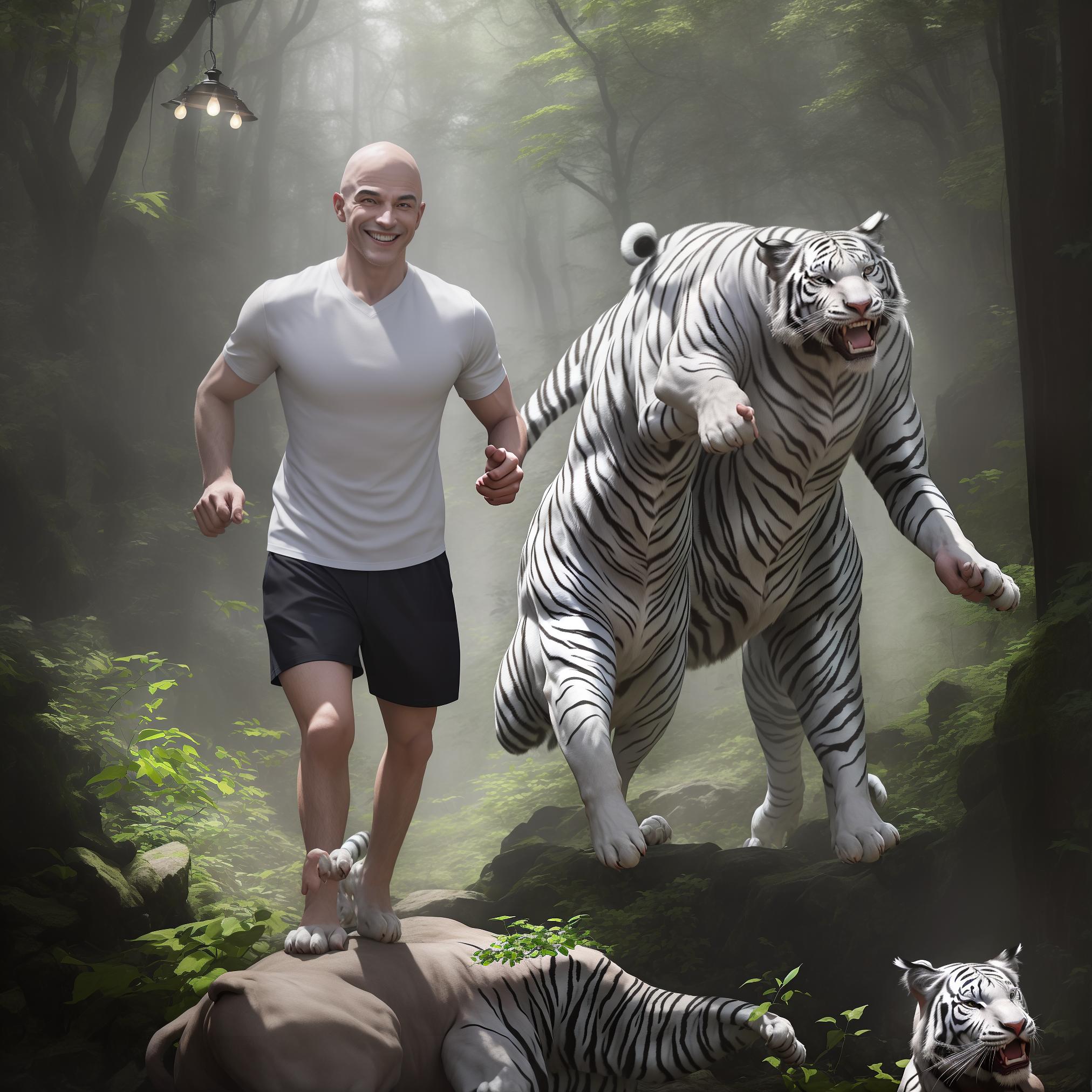  masterpiece, best quality, a digital popup depicts an intense scene of a man with bald hair running away from a large white tiger with black stripes in a dense forest setting. the , positioned on the left side of the image, has short bald hair and is smiling with an open mouthed smile, showing his teeth. he is wearing a white short sleeved shirt with a light gray v neck underneath, a black vest with a small orange emblem on the left side, light gray shorts, and black shoes with brown accents. his right arm is bent at the elbow as he runs, while his left arm hangs by his side. the white tiger, on the right side of the image, is charging forward with its mouth wide open, sharp teeth, gold yellow eyes, and a pink nose. its fur is 