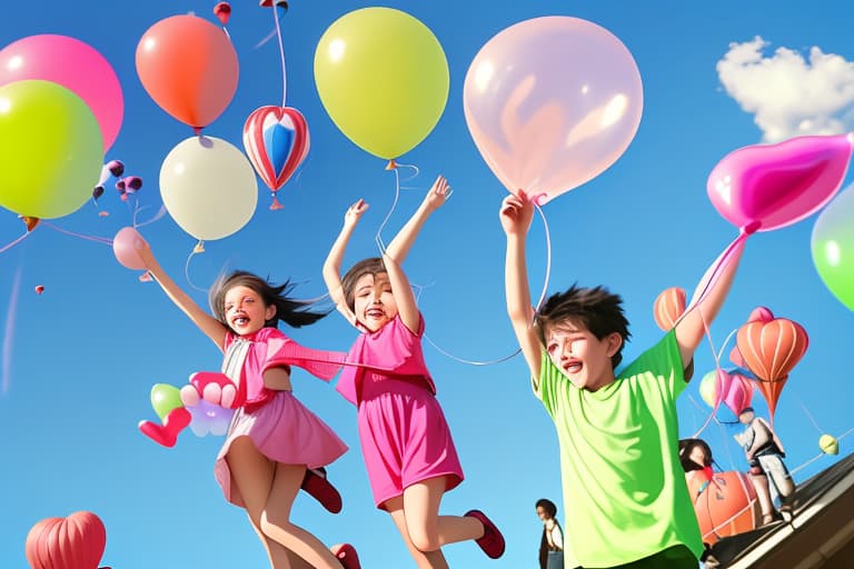  kids flying with balloons