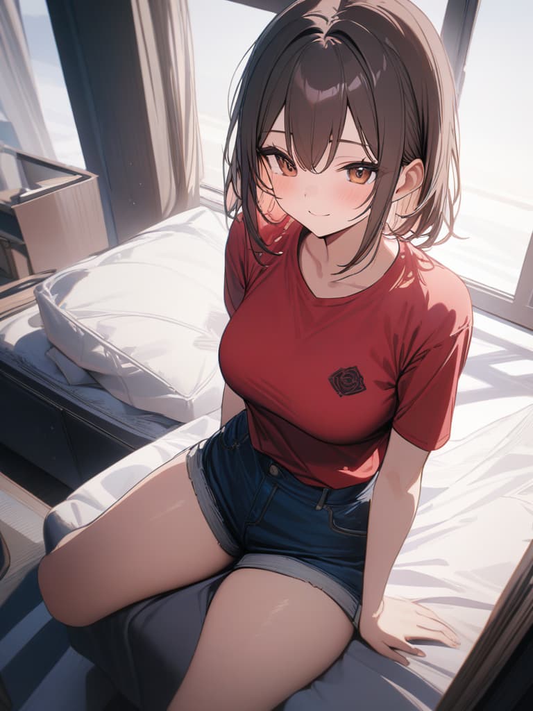  brown hair girl, smile, red t shirt, denim shorts, bed, sitting, masterpiece, best quality,8k,ultra detailed,high resolution,an extremely delicate and beautiful,hyper detail