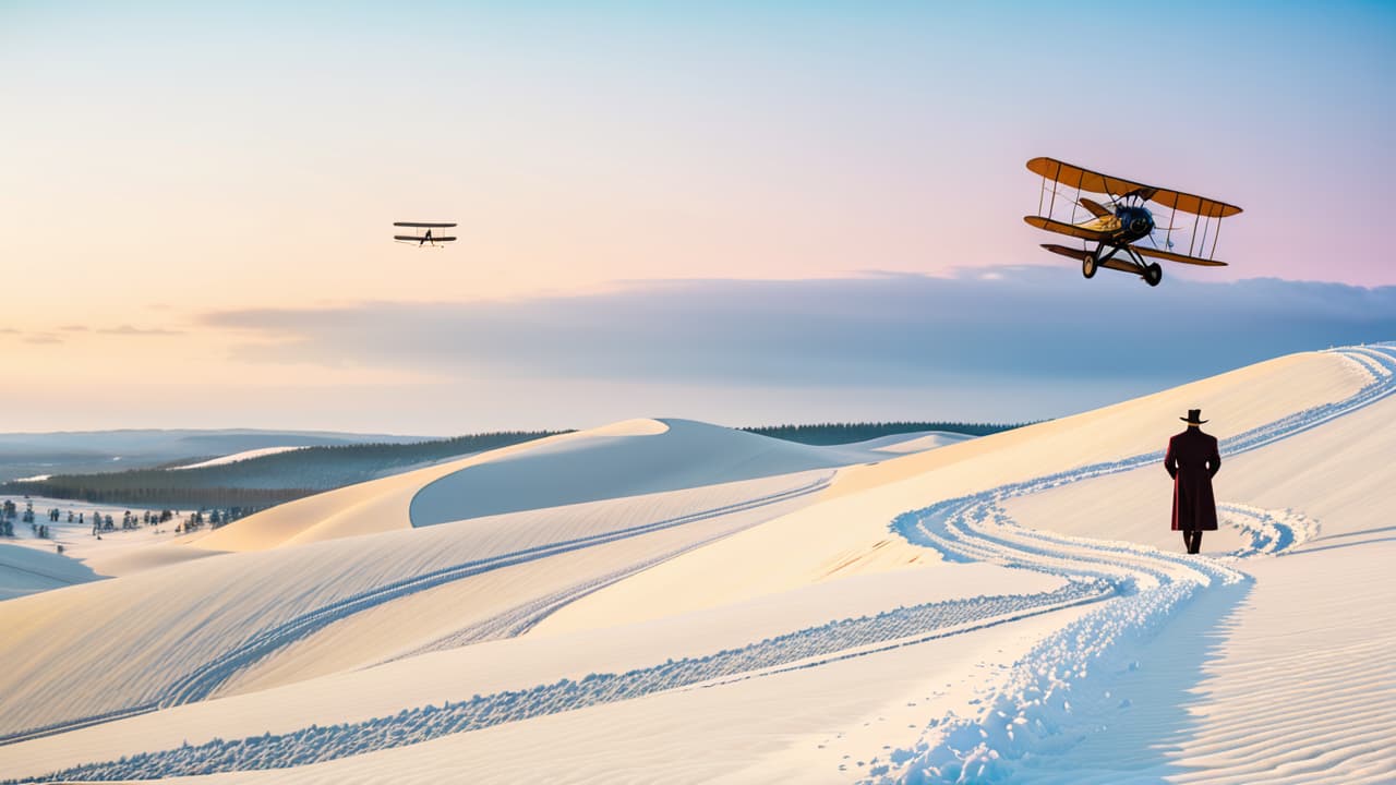  a vintage scene showcasing the wright brothers' first flight at kitty hawk, north carolina, with a biplane taking off, snow covered dunes in the background, and early 1900s spectators in period clothing watching in awe. hyperrealistic, full body, detailed clothing, highly detailed, cinematic lighting, stunningly beautiful, intricate, sharp focus, f/1. 8, 85mm, (centered image composition), (professionally color graded), ((bright soft diffused light)), volumetric fog, trending on instagram, trending on tumblr, HDR 4K, 8K