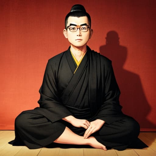  A Buddhist monk with a bespectacled, smooth head and thick eyebrows wearing a black kesa sitting in front of a Buddha statue, retro.