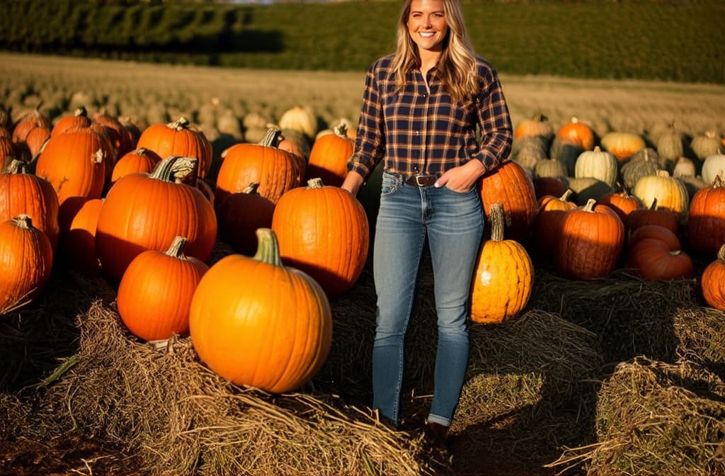  farmer woman in jeans and plaid shirt harvesting pumpkins on her farm, autumn, backlight ar 3:2, (natural skin texture), highly detailed face, depth of field, hyperrealism, soft light, muted colors