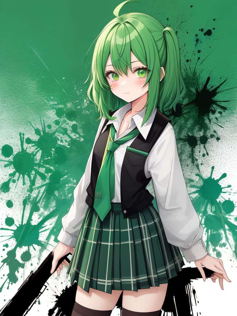  green haired schoolgirl with colorful grunge splats,flat color