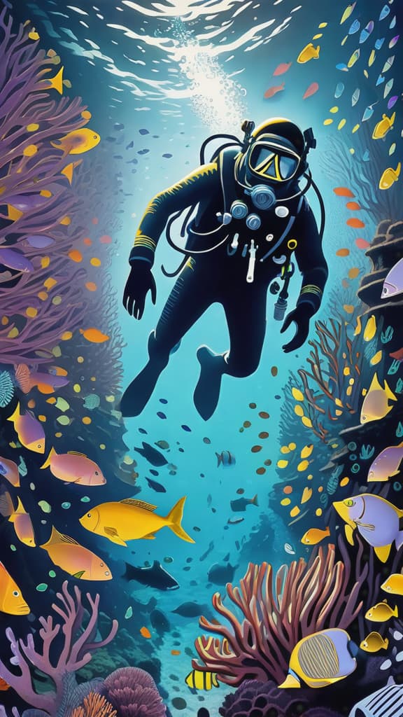  Generate an image of a deep-sea diver exploring an underwater shipwreck, surrounded by colorful fish, coral, and the faint glow of bioluminescent creatures.