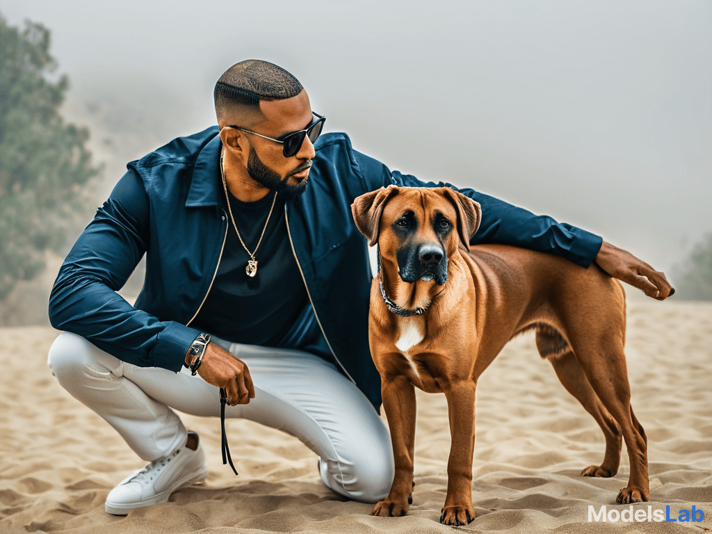  keep the dog and person but make the background a summer day in la hyperrealistic, full body, detailed clothing, highly detailed, cinematic lighting, stunningly beautiful, intricate, sharp focus, f/1. 8, 85mm, (centered image composition), (professionally color graded), ((bright soft diffused light)), volumetric fog, trending on instagram, trending on tumblr, HDR 4K, 8K