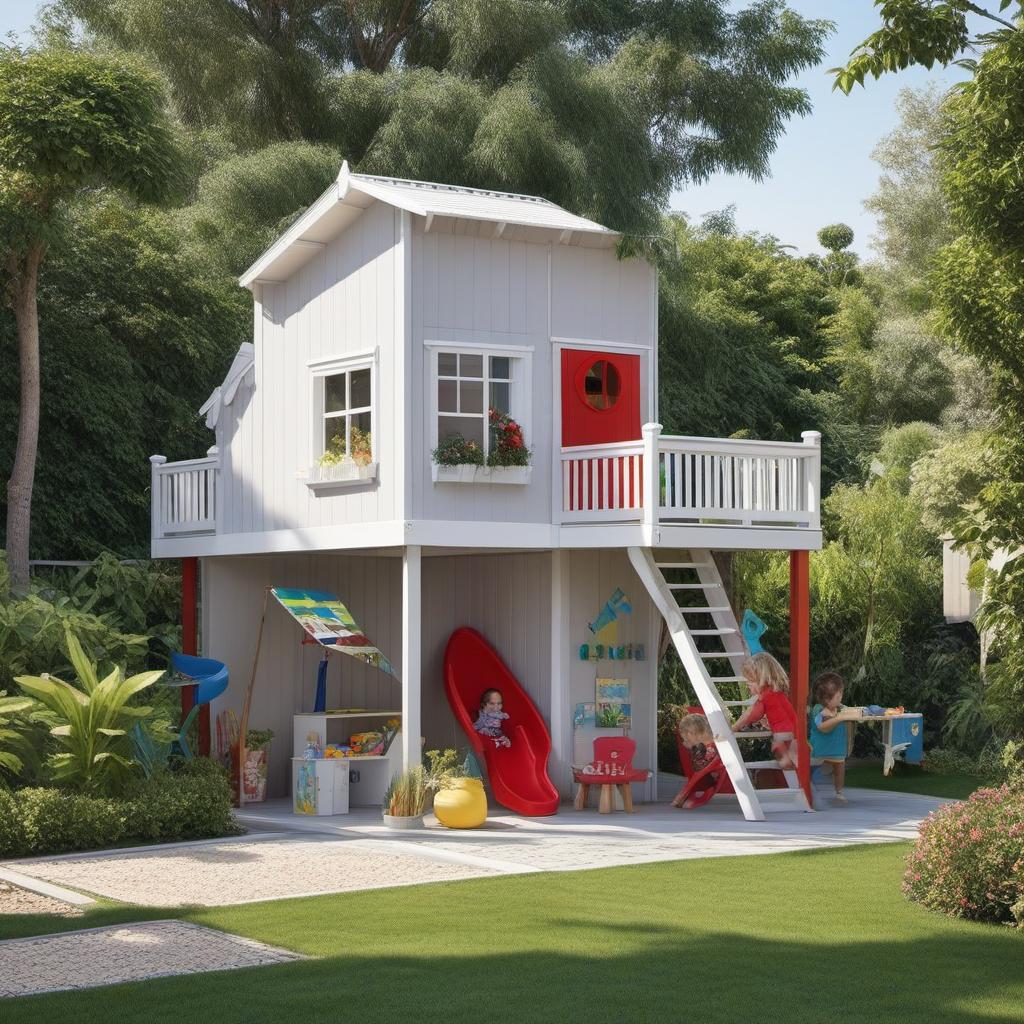  create a small cubby house on stilts, white colour, light grey flashings and trimmings, slide to the right and underneath parking for kids cars, painting style