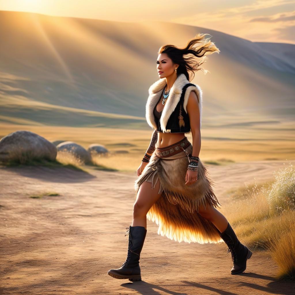  ethereal fantasy concept art of stone age woman in a dirty fur skirt and a dirty fur vest, tribal tattoo, hunts in the steppe, outdoor, at full heigh body, with brovn hair, slender, slim waist, long loincloth, tanned skin, at full heigh body, action pose, full heigh body, against the backdrop of a stone age village, . magnificent, celestial, ethereal, painterly, epic, majestic, magical, fantasy art, cover art, dreamy