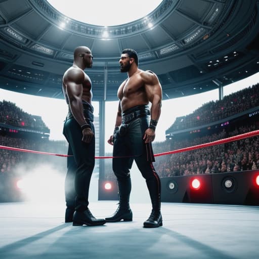  Roman reigns and Cody Rhodes vs Solo sikaba and jaykaf fatu hyperrealistic, full body, detailed clothing, highly detailed, cinematic lighting, stunningly beautiful, intricate, sharp focus, f/1. 8, 85mm, (centered image composition), (professionally color graded), ((bright soft diffused light)), volumetric fog, trending on instagram, trending on tumblr, HDR 4K, 8K