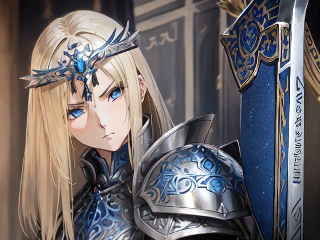  a highly detailed anime style character in full medieval armor, standing confidently with a large, ornate sword. the character is a blonde female warrior with short, straight hair and a single strand of hair sticking upwards. she has piercing blue eyes and a determined expression. her armor is a combination of silver and blue, with intricate designs on the chest plate and gauntlets. she wears a royal blue cape with a white fur trim, flowing behind her. the character's sword is large and features a gold and blue hilt with a powerful, ancient design. the overall scene conveys a sense of nobility, strength, and grace. the background is a soft, blurred gradient with muted tones, placing full focus on the character. the lighting highlights the m hyperrealistic, full body, detailed clothing, highly detailed, cinematic lighting, stunningly beautiful, intricate, sharp focus, f/1. 8, 85mm, (centered image composition), (professionally color graded), ((bright soft diffused light)), volumetric fog, trending on instagram, trending on tumblr, HDR 4K, 8K