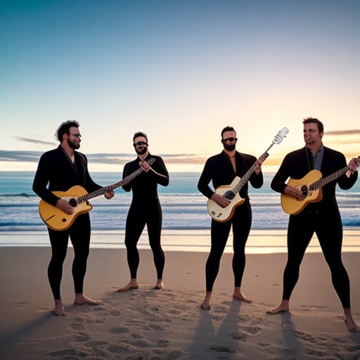  surf rock band playing music instruments at teh beach at sunset. hyperrealistic, full body, detailed clothing, highly detailed, cinematic lighting, stunningly beautiful, intricate, sharp focus, f/1. 8, 85mm, (centered image composition), (professionally color graded), ((bright soft diffused light)), volumetric fog, trending on instagram, trending on tumblr, HDR 4K, 8K