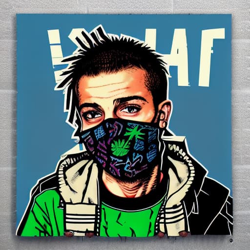  arafed image of a man with a blue bandana covering his face, kid a, capitol riot, punk art, style of shepherd fairey, islandpunk, raised fist, art cover, style of banksy, flag in hands up, techno punk, reallism, wlop |, industrialpunk papier colle, propaganda print, (ukrainian symbols)