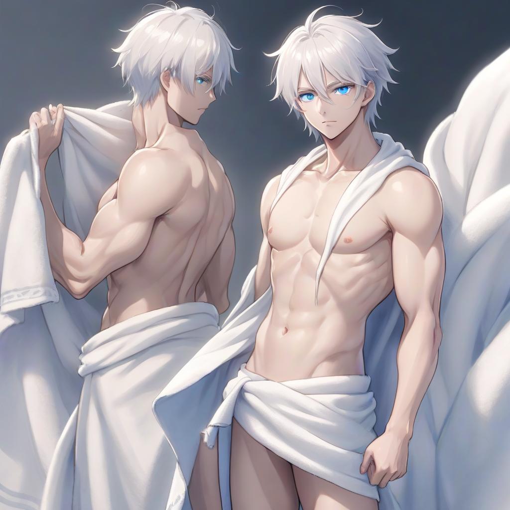  anime artwork a man with a bare torso stands with a towel on his hips, he has white hair and blue eyes, he does not pose much, looking to the side . anime style, key visual, vibrant, studio anime, highly detailed