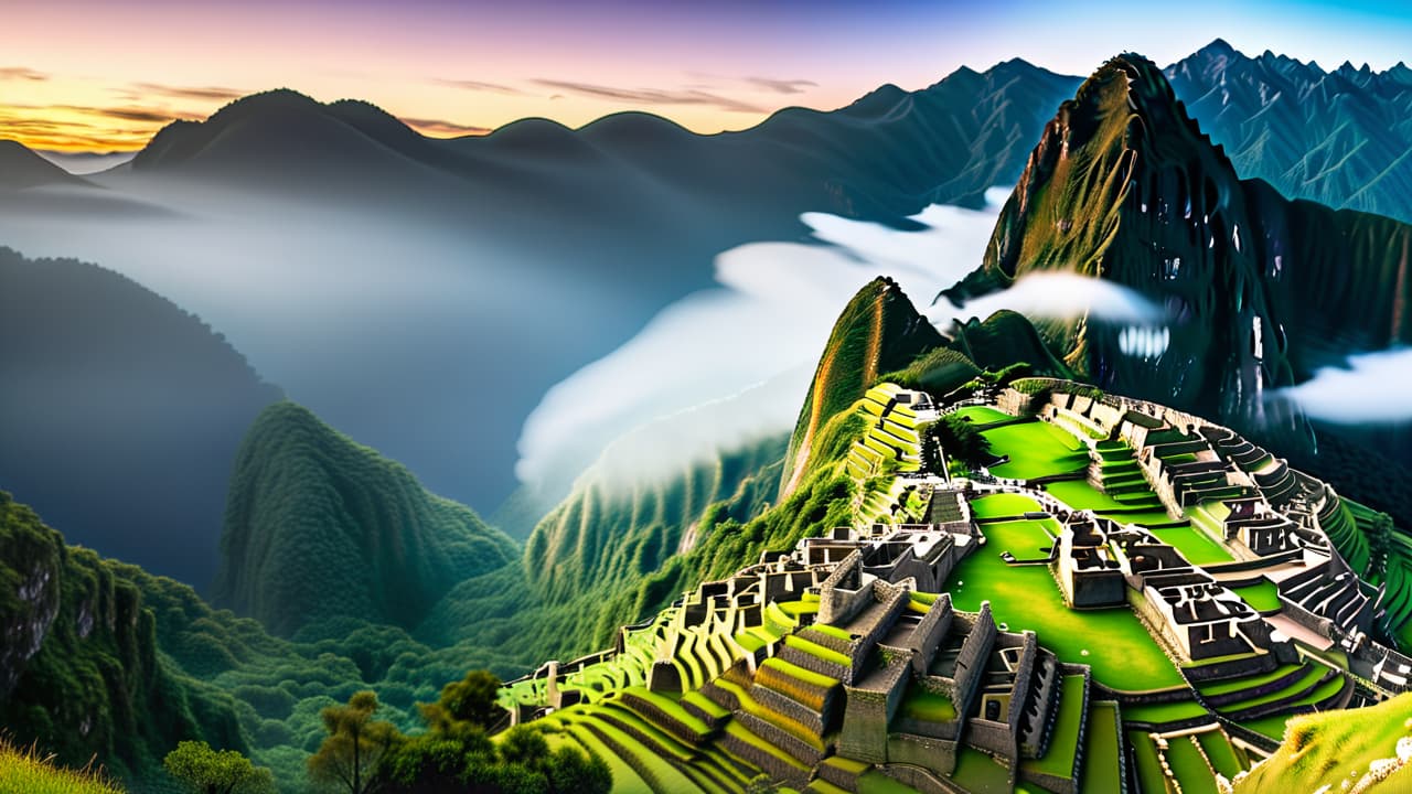  a grand view of the ancient ruins of machu picchu, shrouded in mist, with lush green mountains surrounding the iconic stone structures, showcasing terraced agriculture and a dramatic sunrise illuminating the site. hyperrealistic, full body, detailed clothing, highly detailed, cinematic lighting, stunningly beautiful, intricate, sharp focus, f/1. 8, 85mm, (centered image composition), (professionally color graded), ((bright soft diffused light)), volumetric fog, trending on instagram, trending on tumblr, HDR 4K, 8K