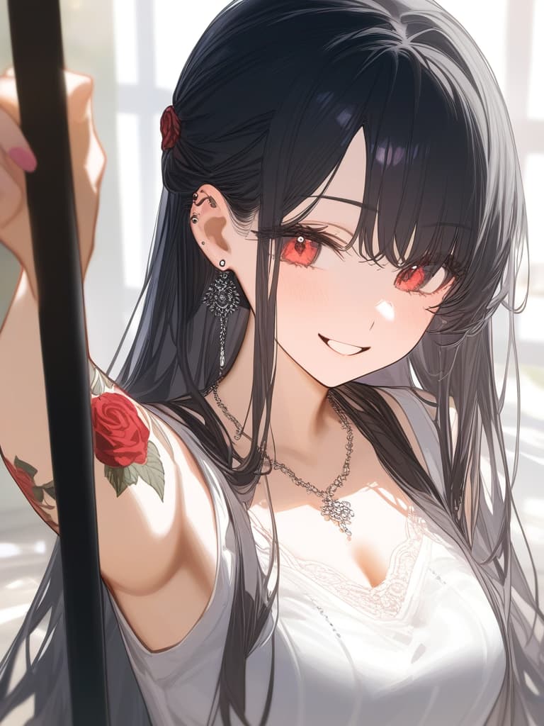  long hair, black hair, hair tips are pink, red eyes, hanging, bangs, and length of bangs, adults, adult faces, piercings, necklaces, hair are light pink and black, thin makeup on the arm. there is a rose tattoo, a rose tattoo on your arm, smiling, masterpiece, best quality,8k,ultra detailed,high resolution,an extremely delicate and beautiful,hyper detail