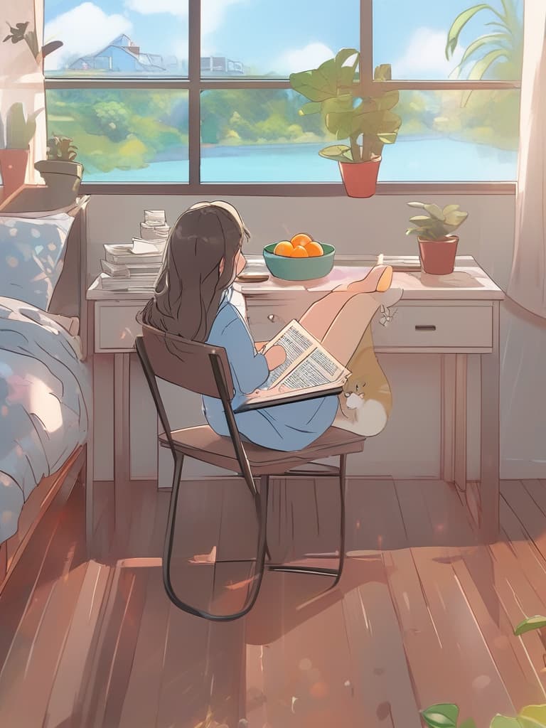  fantasy, illustration, girl, reading, bed, cat, resting, book, imagination, room, table, fruit tray, cup, bowl, crockery, flower pot, plant, corner, shiny tie, ambiance, magical, cozy, relaxing, captivating, whimsical, detailed, 4k, vivid colors, soft light, surrealism highly detailed illustration, sharp details, best quality, 4k, raw photo