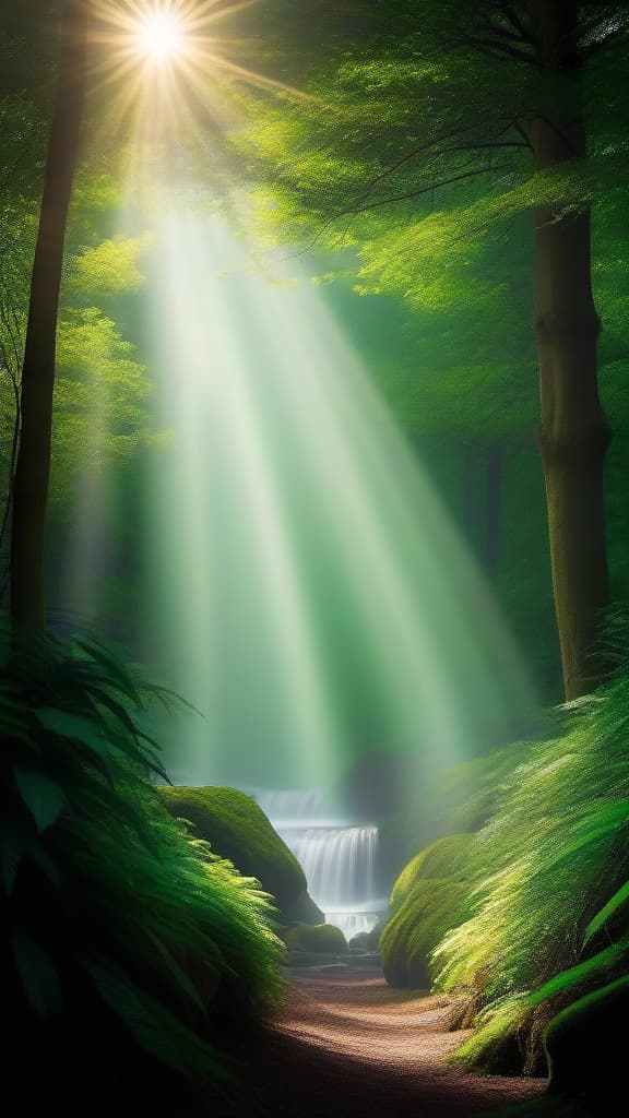  a lush, green forest with sun rays piercing through the dense canopy, creating a magical, ethereal atmosphere