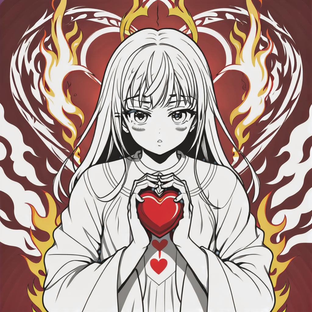  line art drawing praying girl, burning heart, same nightmare. anime style . professional, sleek, modern, minimalist, graphic, line art, vector graphics