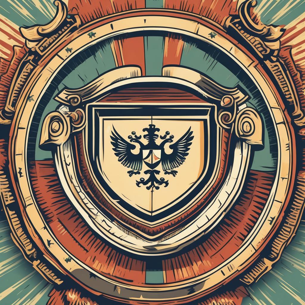  Illustration, a shield, a bustling marketplace, centered on the shield, captured with a digital camera, retro style, high definition.