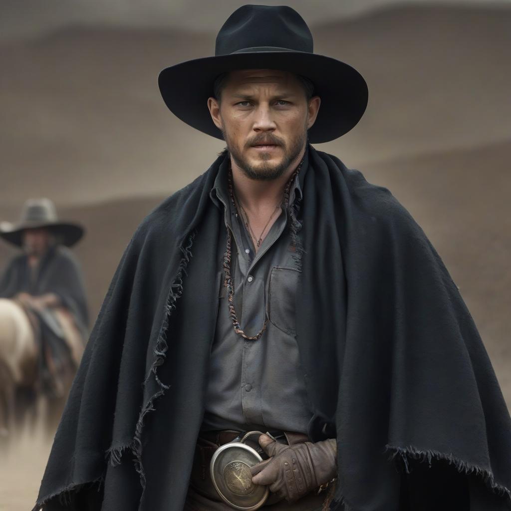  cowboy, tom hardy, full length, black poncho, hat, two barreled, gray hair