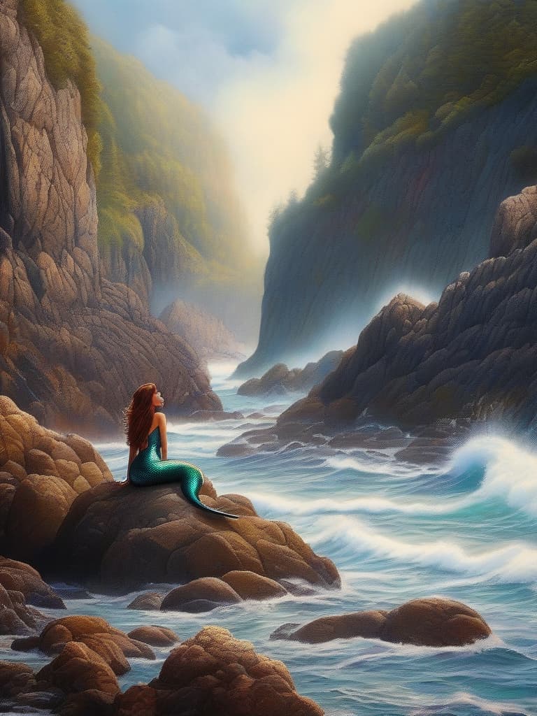  wide ocean,big ocean,rocky shore,(mermaid sitting on rocky shore:1.4),super detailed,high resolution,absurd,employed,