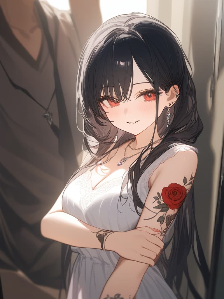  long hair, black hair, hair tips are pink, red eyes, hanging, bangs, and length of bangs, adults, adult faces, piercings, necklaces, hair are light pink and black, thin makeup on the arm. there is a rose tattoo, a rose tattoo on your arm, smiling, masterpiece, best quality,8k,ultra detailed,high resolution,an extremely delicate and beautiful,hyper detail