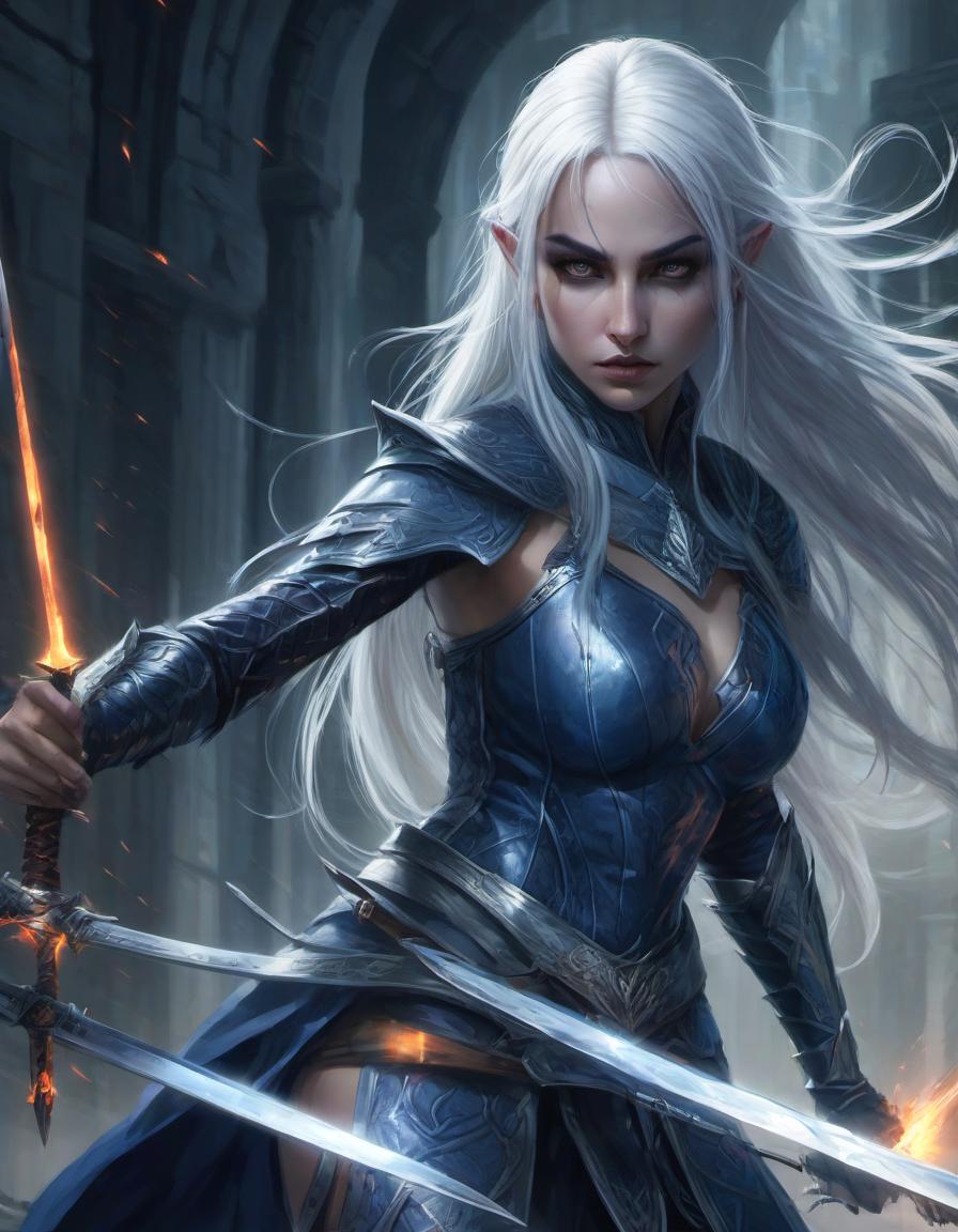  concept art (semi figure portrait: 0.2), full length dark elf girl with <small neat elf ears: 7.9>, long platinum colored hair, preference for edged weapons <short curved daggers in each hand: 1.8>, the eye color is slate blue with a glow effect, predatory gaze, fighting stance, in an attack pose . digital artwork, illustrative, painterly, matte painting, highly detailed