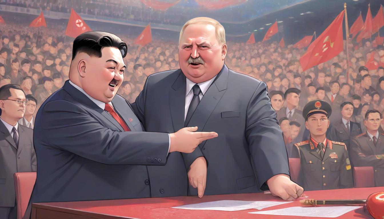  anime artwork two presidents greetings, alexander lukashenko, kim jong un . anime style, key visual, vibrant, studio anime, highly detailed