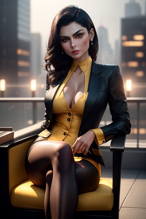  Morena Baccarin, carmin red lips, dark make up, soft skin, working suit, yellow tartan suit, short , split , stockings, medium s, deep age, less, armchair, Manhattan rooftop, face view, hyperrealistic, full body, detailed clothing, highly detailed, cinematic lighting, stunningly beautiful, intricate, sharp focus, f/1. 8, 85mm, (centered image composition), (professionally color graded), ((bright soft diffused light)), volumetric fog, trending on instagram, trending on tumblr, HDR 4K, 8K
