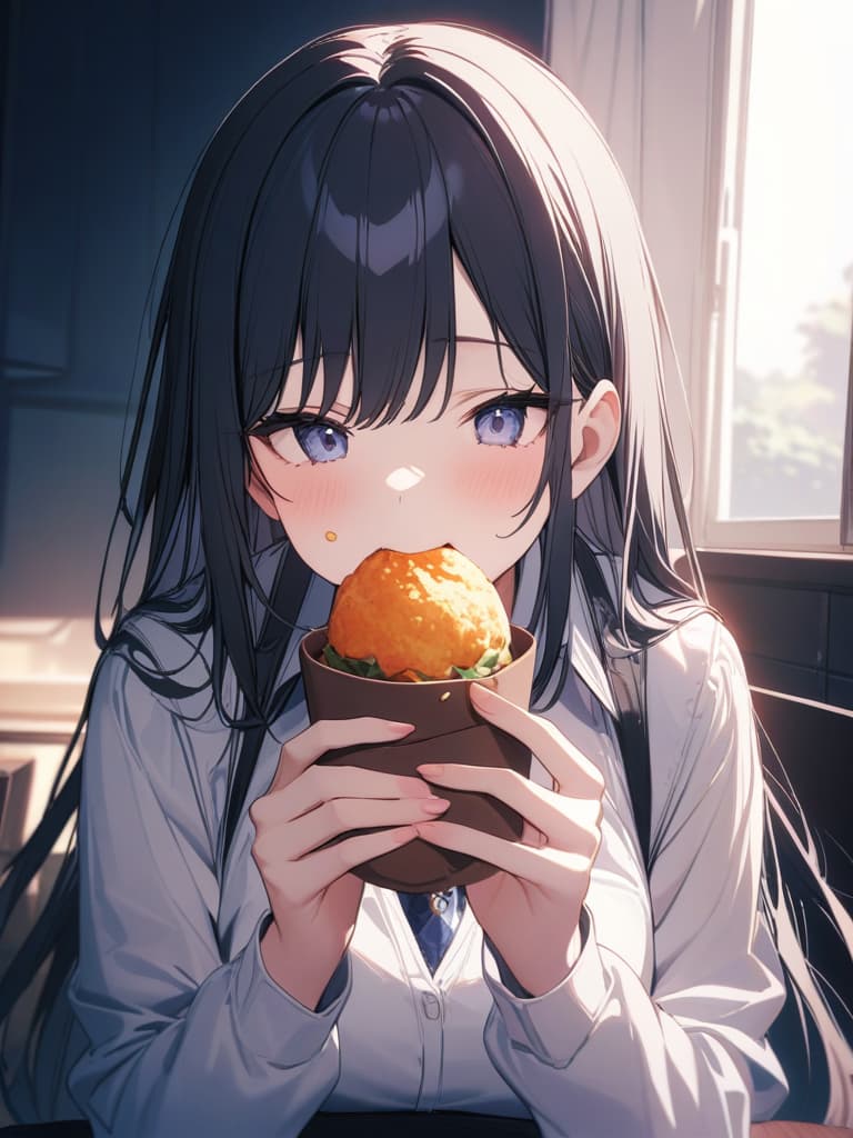  long black hair, beautiful, eating, masterpiece, best quality,8k,ultra detailed,high resolution,an extremely delicate and beautiful,hyper detail