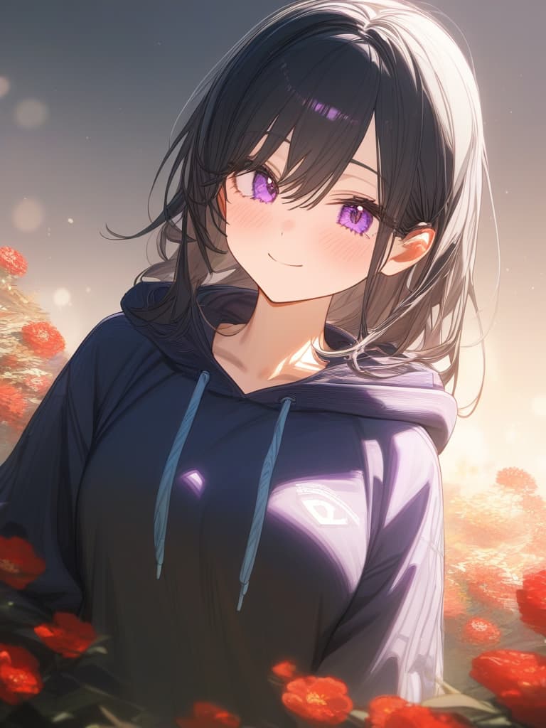  purple eyes, smile, hoodie, black hair long, red flower, masterpiece, best quality,8k,ultra detailed,high resolution,an extremely delicate and beautiful,hyper detail