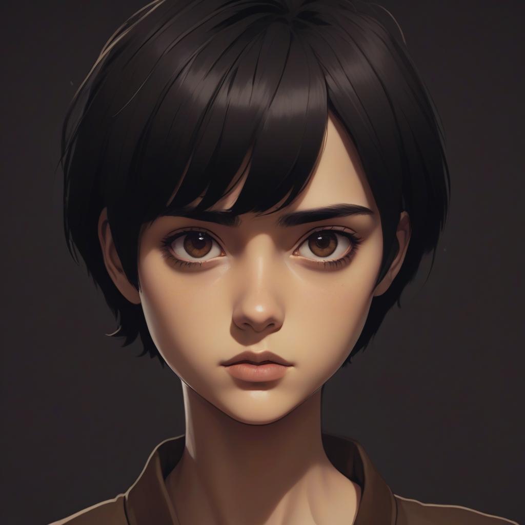  the image shows a character with short black hair and large brown eyes. the background of the picture is made in warm, neutral colors, which creates a contrast with the dark clothes of the character. the facial expression looks serious and thoughtful, which gives it character and depth. the image style resembles pixel or cartoon graphics, which adds an element of playfulness.