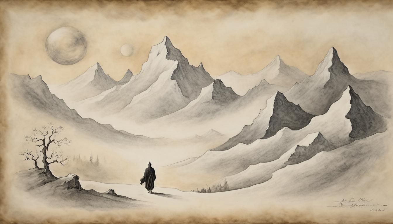  on parchment, surrealism++, thin mountain air, snow capped peaks, solitary figure breathing deeply, aura of serene solitude(mysterious, provocative, symbolic)++