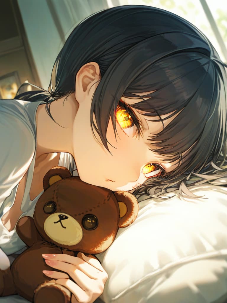  black haired girl has a yellow glowing eyes and has a stuffed bear, masterpiece, best quality,8k,ultra detailed,high resolution,an extremely delicate and beautiful,hyper detail