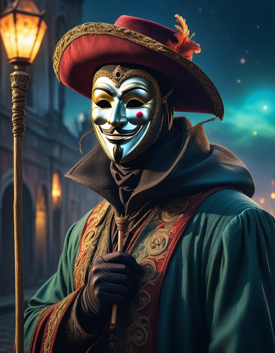  an intriguing and mysterious illustration inspired by the masks of the venetian carnival. the mysterious stranger in the (smiling mask:1.4) carefully holds a mask on a stick in each hand, which depict different emotions, different facial expressions (sadness, rage). an image with a bright emotional coloring. (background distant space:1.5). realistic painting style with a touch of surrealism by salvador dali and hieronymus bosch, bright colors and intricate details, concept art for a fantasy novel or game. hyperrealistic, full body, detailed clothing, highly detailed, cinematic lighting, stunningly beautiful, intricate, sharp focus, f/1. 8, 85mm, (centered image composition), (professionally color graded), ((bright soft diffused light)), volumetric fog, trending on instagram, trending on tumblr, HDR 4K, 8K